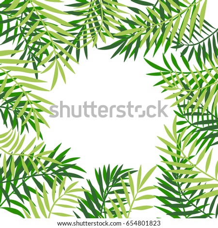 Palm tree leaves frame or border. Tropical greeting card. Invitation template. Trendy summer tropical leaves design. Isolated on white.