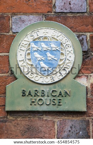 The sign for Barbican House in the town of Lewes in Sussex, UK.  The Barbican House Museum is home to a fine archaeological collection.