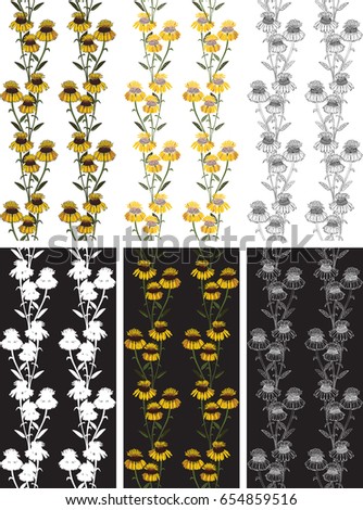 Seamless pattern of yellow flowers on black and white background drawing