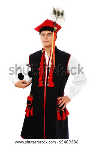 A picture of a Polish man in a traditional outfit with a football  over white background