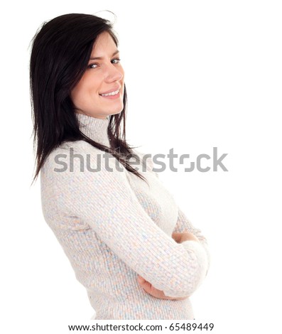 smiling young long hair woman in bright sweater