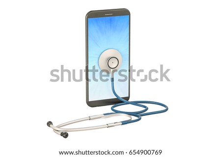 Modern smartphone with stethoscope, 3D rendering isolated on white background