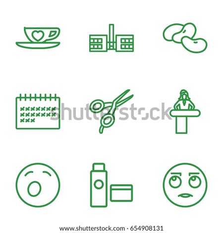 Clipart icons set. set of 9 clipart outline icons such as airport desk, bean, barber scissors, calendar, cup with heart, cream tube, rolling eyes emot, yawn emot