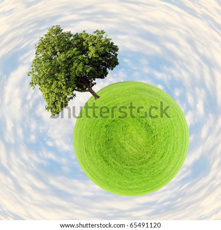 planet circle green grass tree and beautiful sky