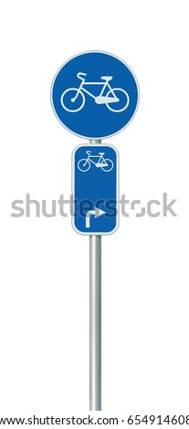 Bicycle route number cycling lane road sign, large detailed isolated vertical closeup, European Eurovelo cycle bike network concept, white right direction arrow blue metal marker signpost pole post