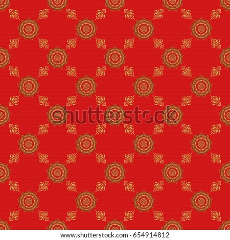 Vintage seamless floral pattern. Decoration for fabric, textile, interior. Handmade vector golden elements on red background.