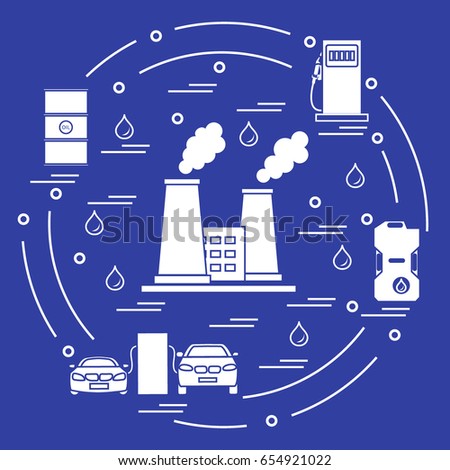 Cute vector illustration of refinery plant with smoking chimneys, canister of gasoline, barrels with oil, petrol station with two cars arranged in a circle. Design for poster or print.