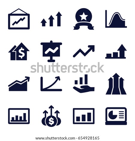 Increase icons set. set of 16 increase filled icons such as graph, chart on display, graph on hand, chart, arrows up, medal, money up, dolar growth