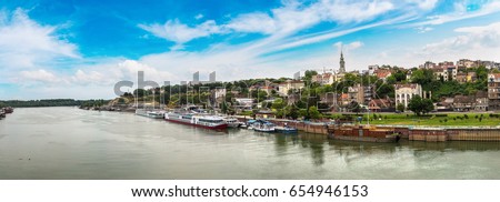 Belgrade cityscape from the Sava river in Serbia in a beautiful summer day Royalty-Free Stock Photo #654946153