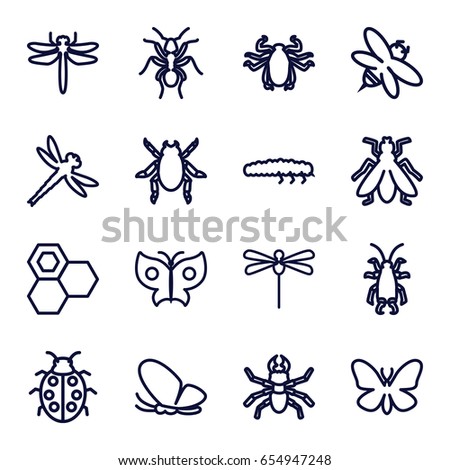 Insect icons set. set of 16 insect outline icons such as dragonfly, beetle, butterfly, ant, fly, honey, bee, ladybug