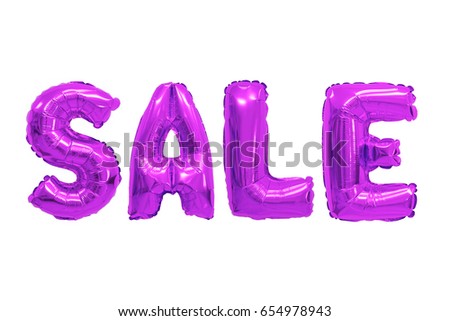 Word sale in english alphabet from purple balloons on a white background. holidays and education.