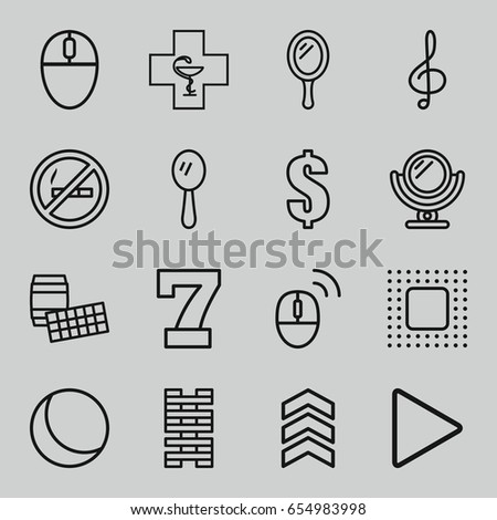 Reflection icons set. set of 16 reflection outline icons such as mirror, 7 number, dollar, pharmacy, treble clef, play, chip, computer mouse, arrow, sphere, mouse, no smoking