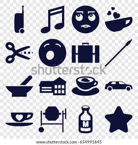 Clipart icons set. set of 16 clipart filled icons such as bowl, star, concrete mixer, rolling eyes emot, yawn emot, milk, cup with heart, car, suitcase, spear, music note