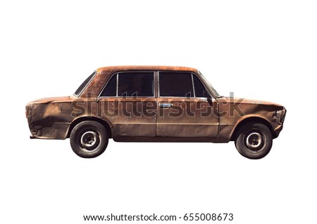 Old rusted torched car. Isolated over white Royalty-Free Stock Photo #655008673