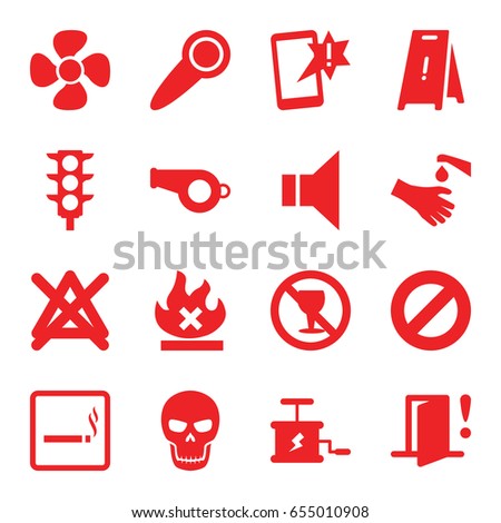 Warning icons set. set of 16 warning filled icons such as smoking area, wet floor, no bleaching, no alcohol, hands washing, no fire, fan, traffic light, megaphone
