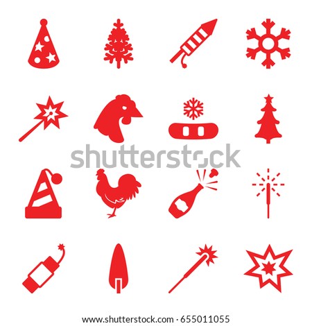 Year icons set. set of 16 year filled icons such as chicken, sparklers, pine-tree, christmas tree, sparkler, fireworks, firework, party hat, snowflake