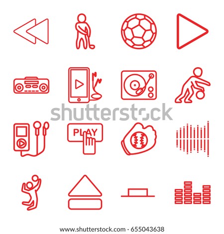 Player icons set. set of 16 player outline icons such as finger pressing play button, music pause, play, eject button, play back, gramophone, phone and earphones, equalizer