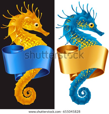 Vector Thorny Seahorse is Wrapped in Swirl Ribbon. Set of Hippocampus and Banner Frame Isolated on Background. Colorful Horse Fish Icon for Beach Party, Sea Vacation, Tourism, Diving, Restaurants