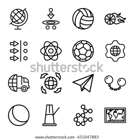 Sphere icons set. set of 16 sphere outline icons such as globe, globe in gear, paper plane, pendulum, ball chain, basketball, volleyball, fotball, international delivery