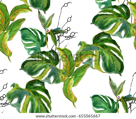 Seamless Pattern Hand Painted Watercolor Artwork Illustration Many Monstera Leaves with Doodles in Tropical Jungle Exotic Paradise Green