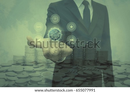 Double exposure of success businessman and golden coins background. Global network connection concept.