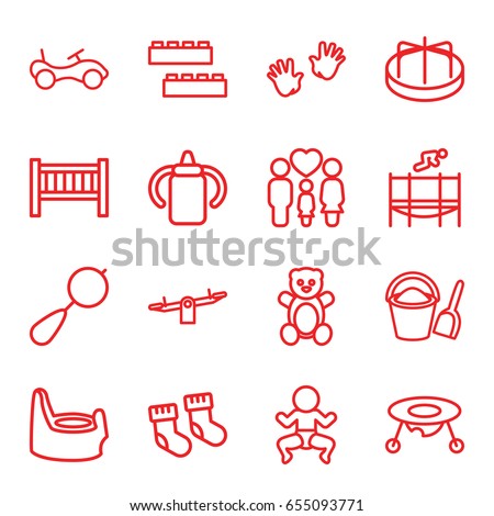 Childhood icons set. set of 16 childhood outline icons such as baby bottle, baby bed, teddy bear, beanbag, bike, child building kit, swing, child playground carousel, family
