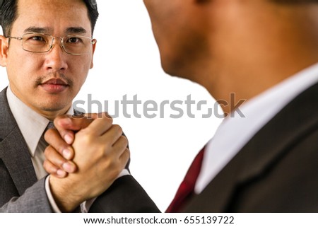 Arm wrestling of business people isolated on white background.