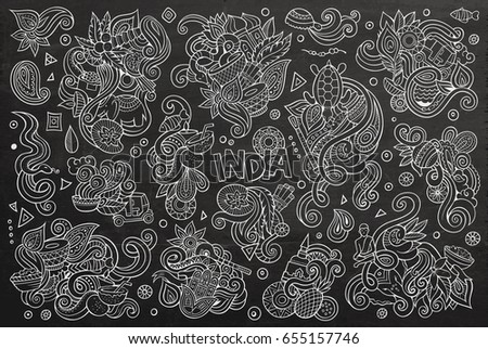 Chalk board vector hand drawn doodle cartoon set of Indian objects and symbols designs