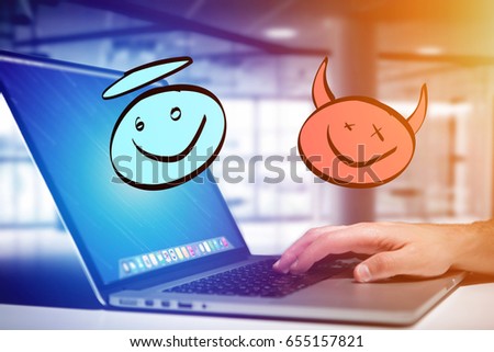 View of Hand drawn angel and devil icon going out a computer interface of a man at the office - Business concept