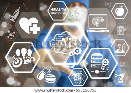 AI Binary Cloud Smart Medicine Innovation Technology Integration. Binary digital smart storage in health care. Intellectual server big data technology. Doctor pressing cloud 0 1 ai gear button.