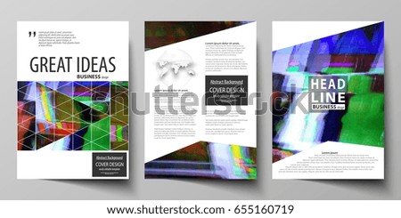 Business template for brochure, flyer, report. Cover design, abstract vector layout in A4 size. Glitched background made of colorful pixel mosaic. Digital decay, signal error, television fail.