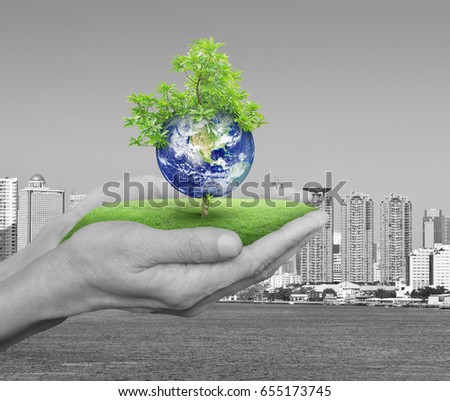 Planet and tree in human hands over black and white city tower and river background, Save the earth concept, Elements of this image furnished by NASA