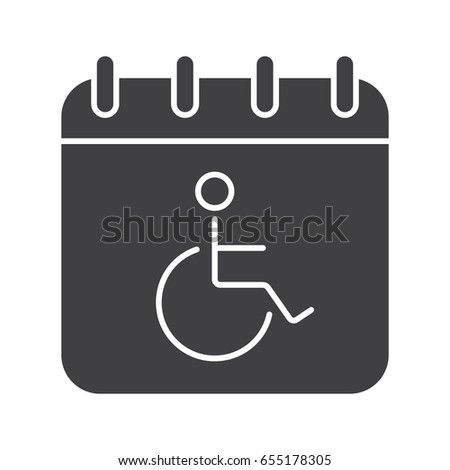 Disability day glyph icon. Silhouette symbol. Calendar page with wheelchair person. Negative space. Vector isolated illustration