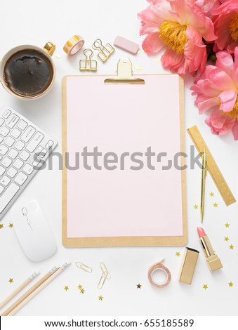 image of top view of feminine desk