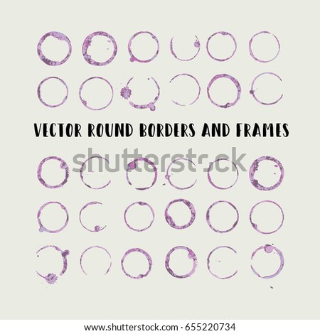 Round paint brush strokes, colorful circle frame or border vector collection. Hand drawn coffee or tea cup stains, purple brushstrokes set, splashes, watercolor lines. Boho retro vintage logo frames.