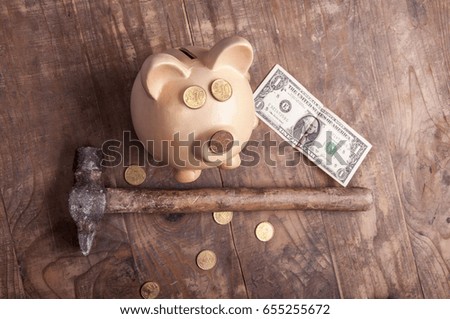 piggy bank, cash box, money, coins, banknote, save, saving money, economy, wooden background, wooden top, dollar, funny, business, finance, pink piggy, 