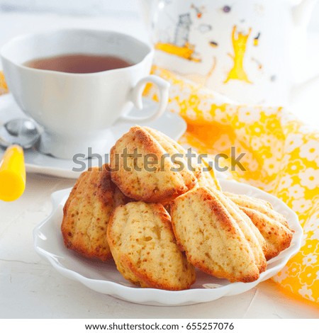Homemade Madeleines.French Tea cake cookies served in a floral plate with cup of tea, selective focus