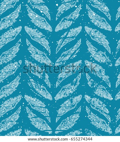Repeated pattern. Seamless texture with beautiful white wings on blue background. It can be used as wallpaper, printing, wrapping, fabric or background for your blog and your design. 