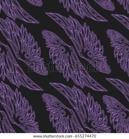 Repeated pattern. Seamless texture with beautiful violet wings on black background. It can be used as wallpaper, printing, wrapping, fabric or background for your blog and your design. 