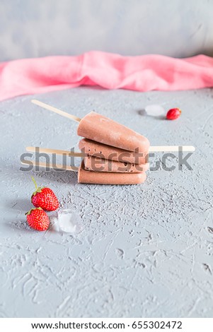 Homemade Strawberry Popsicles Grey Background Detox Diet Healthy nutrition Summer food concept Copy Space 