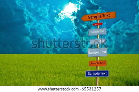 The Guide post on green field with blue sky background