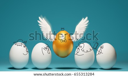 Concept of individuality, exclusivity, better choice. Golden egg takes off, waving its wings, among white eggs with funny drawn faces on blue background.