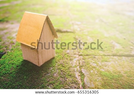Cardboard House on Moss Ground in Vintage Style with Light Leak.