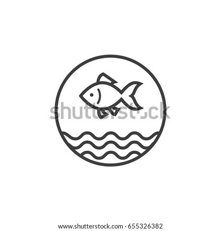 Black and white line art fish with water waves icon in the round flame