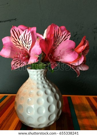 Pink flowers in a white vase on a colored table and gray background