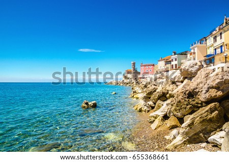 Amazing view on the Piran Coast, Gulf of Piran on the Adriatic Sea, Slovenia Royalty-Free Stock Photo #655368661