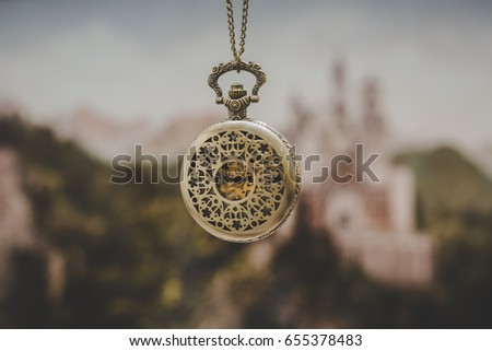 Old Clock Stock Photo. Gold Old Clock. Old Clock on Castle Backgrounds.