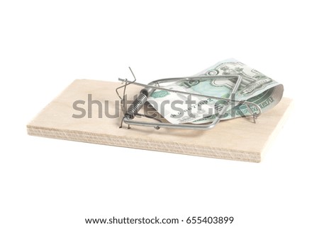 Mousetrap with Russian one thousand ruble banknotes isolated on white background