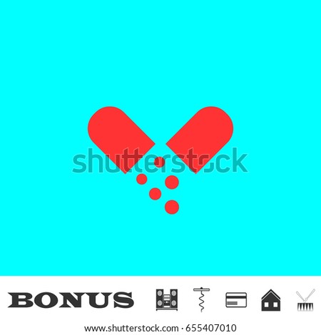 Drugs icon flat. Simple red pictogram on blue background. Illustration symbol and bonus icons Music center, corkscrew, credit card, house, drum