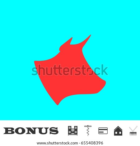 Cow, bull head icon flat. Simple red pictogram on blue background. Illustration symbol and bonus icons Music center, corkscrew, credit card, house, drum
